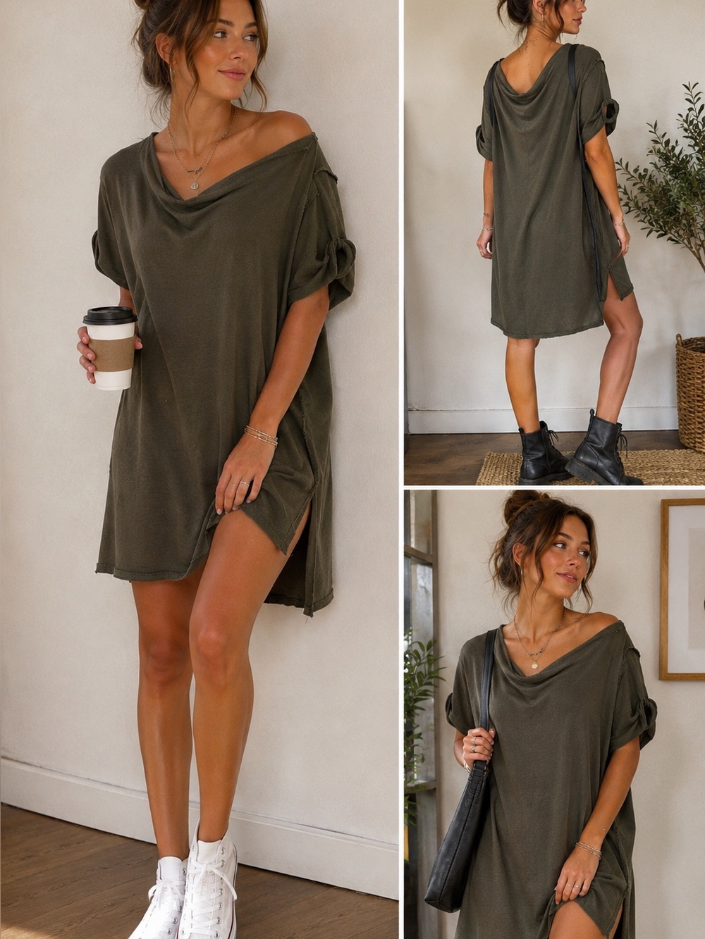 Free People We The Free Olive Green Cowl Neck Side Slit T-Shirt Dress XS